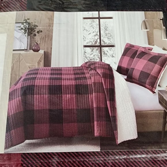 London Fog Bedding London Fog Quilt Set Queen 3 Piece Plaid Red Sherpa Soft Warm Cozy Lodge